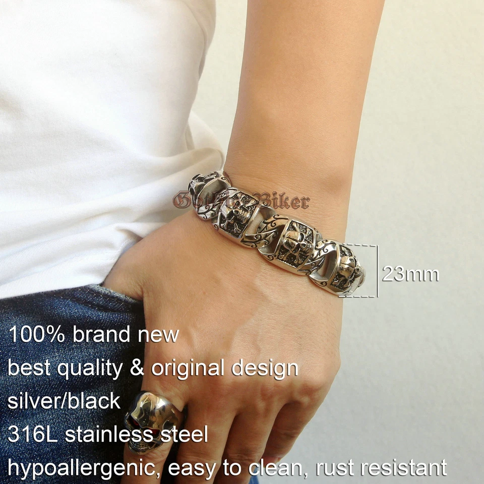 Men Heavy Pirate Skull Biker Motorcycle Chain Silver Stainless Steel Bracelet - Image 2 of 4