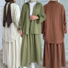 2PCS Sets Women Long Sleeve Shirts Tops Skirts Muslim Islamic Abaya Clothing