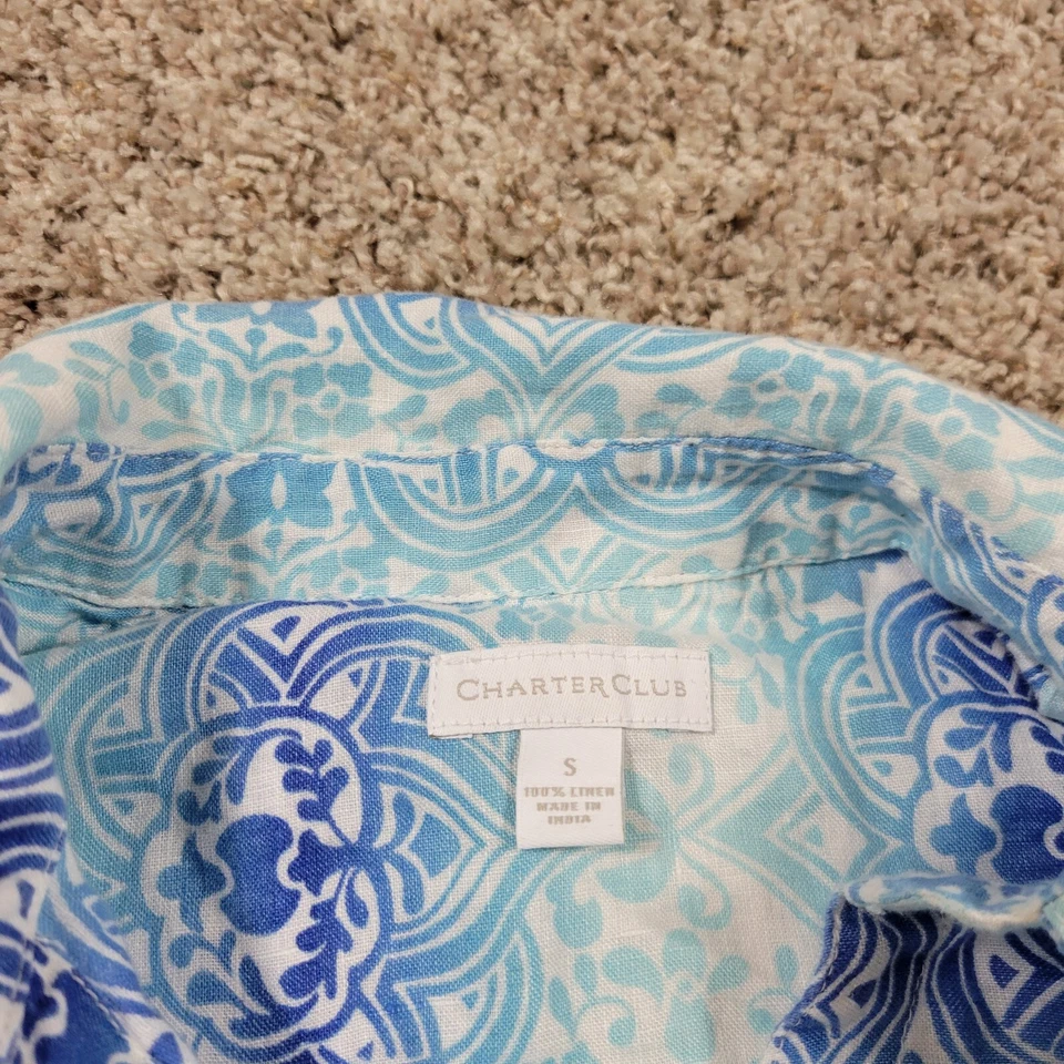 Camisa Charter Club Mujer Pequeña Azul Floral 100% Lino Blusa Abotonada Pestaña Enrollable Foto 2 de 4