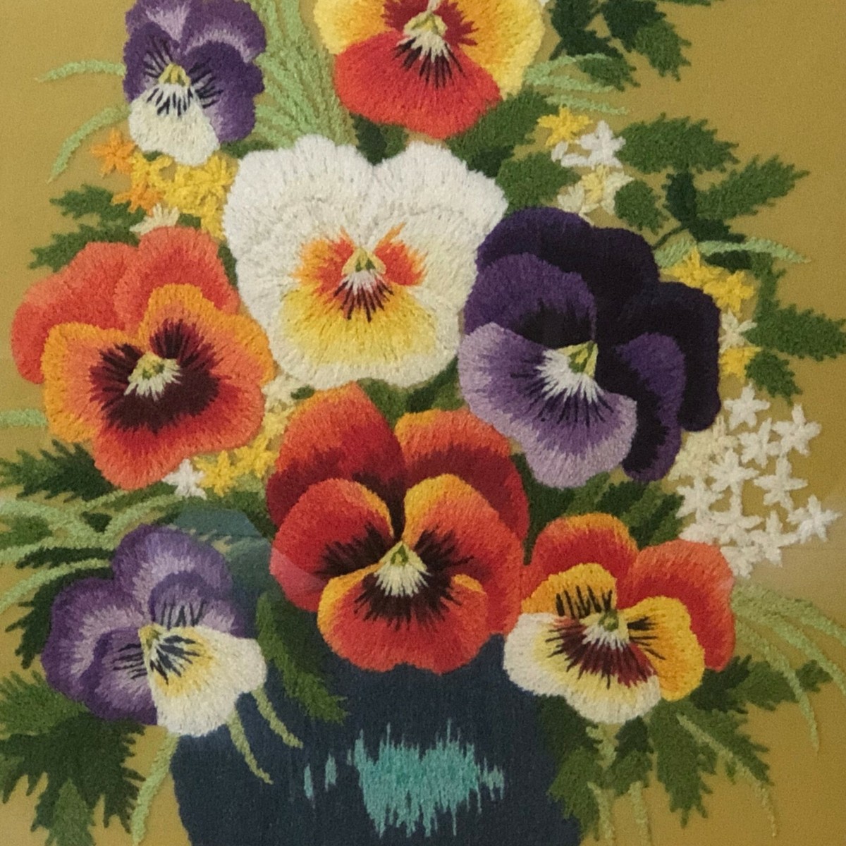 Vintage 18x16 Japan Tokyo Bunka Embroidery Pansies Vase Floral