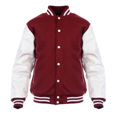 maroon and white varsity jacket