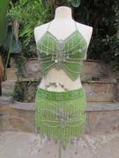 Vintage Belly Dancing Top Skirt Set Costume Green Beaded Fringe Coins Size M