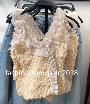 ZARA NEW WOMAN COMBINATION ROMANTIC KNIT TOP RUFFLE  BEIGE PINK  3920/178/942