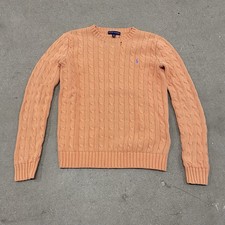 Polo Ralph Lauren Women Sp Orange Cable Knit Blue Logo Sweater Preppy Cozy Bold