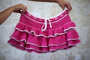 Handmade Crochet Ruffle Mini Skirt Fluffy Tiered Drawstring Y2K Fairycore Coquet