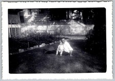Vtg B&W Snapshot Father Toddler Child Sitting Lawn Garden Yard Wooden Fence