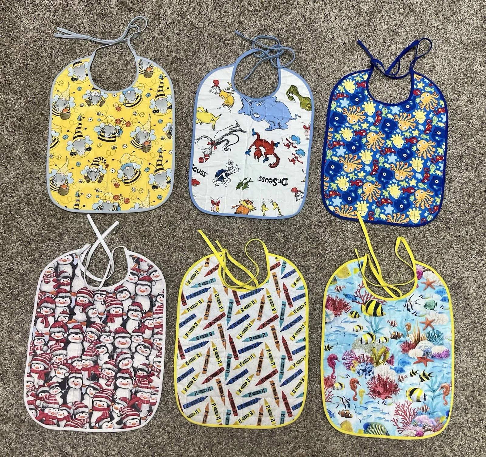 Lot Of 6 Quilted Handmade Bibs Assorted Large Size 12" X 9"