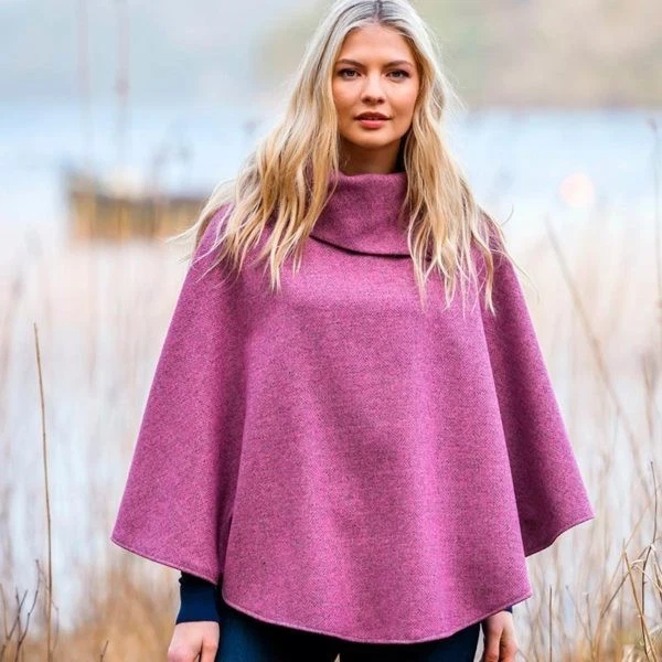 Ladies Poncho Irish Tweed Satin Lining Mucros Weavers, Poncho Pink & HAT