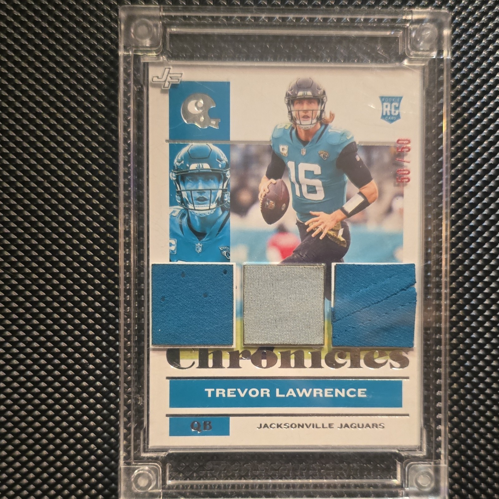Panini Chronicles Trevor Lawrence Jaguars Rookie 50/50 Game Worn Triple Patch RC