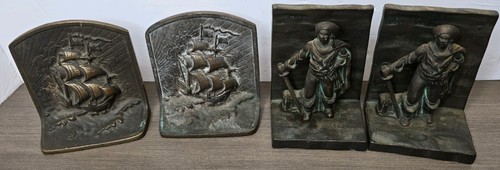 2 Sets 1920s Pirate With Chest Bookends, Painted Cast Iron, Pirate Ship Brass - Picture 1 of 11