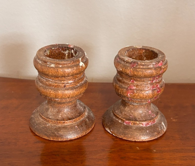 Set of 2 Vintage Short 2" Wooden Candlesticks Farmhouse Rust