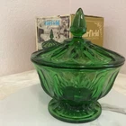 Vintage Anchor Hocking Fairfield Avocado Green Glass Lidded Candy Compote Boxed
