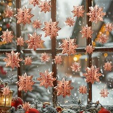 Christmas Hanging Snowflakes Decorations 3D Large Glittery Snowflakes Rose Gold