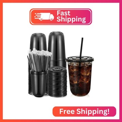 Ziliny 50 Sets 16oz Black Plastic Cups with Lids and Straws Disposable Cups
