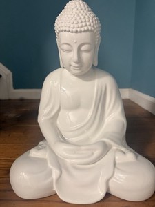 White Glossy Seated Buddha Statue Figurine, Buddhism Religious Decor Figure
