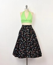 1950s Lion Cat Floral Novelty Print Black Cotton Pinup Circle Skirt Extra Small