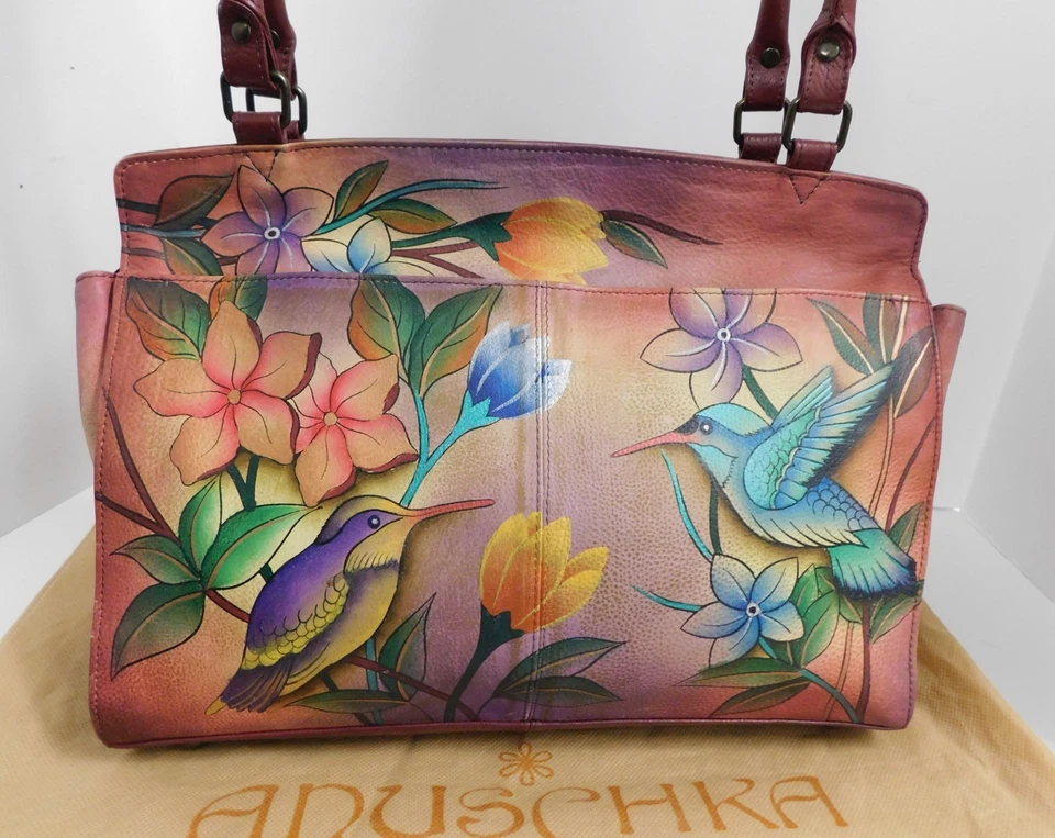 Bolso de Hombro Grande Anuschka Pintado a Mano Floral Pájaro Multi Compartimento Foto 3 de 4