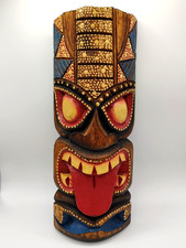 Wooden Tiki Mask Wall Hanging Display Decor With Tongue Dots