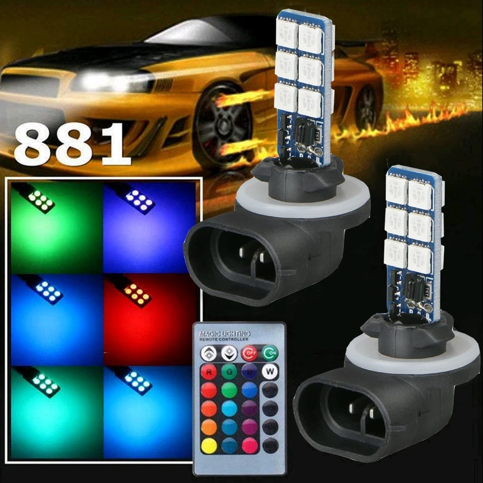 1x Car Headlights Fog Light Lamp Remote + Bulb 16 Color 881 5050 RGB LED 12 SMD - Image 3 of 4