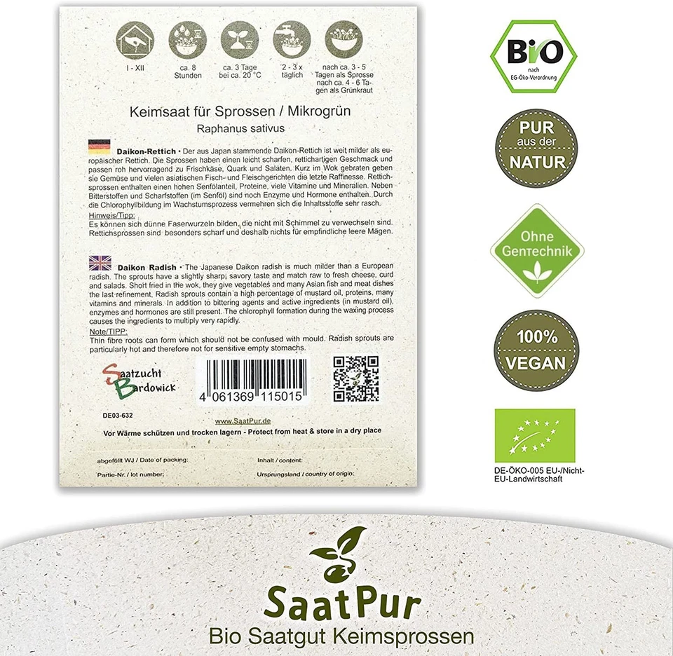 1kg BIO Keimsaat für Sprossen Daikon-Rettich Samen Keimsprossen Microgreens Öko - Bild 2 von 4