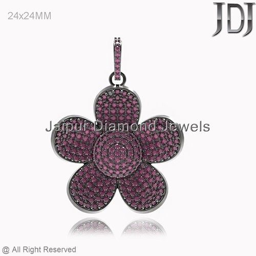 Broche Rubis De Laboratoire En Argent 925 - Style Vintage Oxydé, Sertie De Zircone - Fait Main