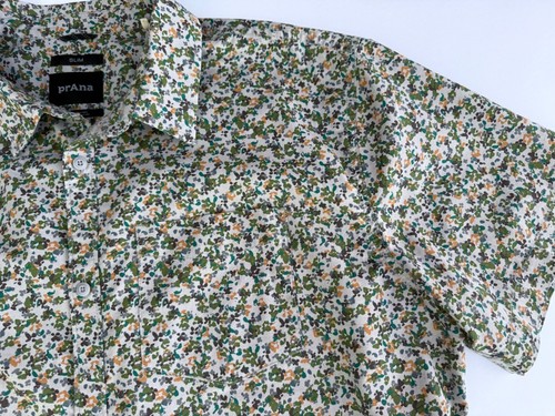 prAna Mens Camp Shirt Stimmersee Slim Fit Short Sleeve Green Floral Pocket XL - Picture 4 of 9