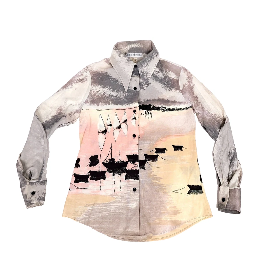 Camisa De Colección Años 70 Bobbie Brooks Mujer Botón Delantero 7 Rosa Playa Barco Hecha en Unión Foto 3 de 4