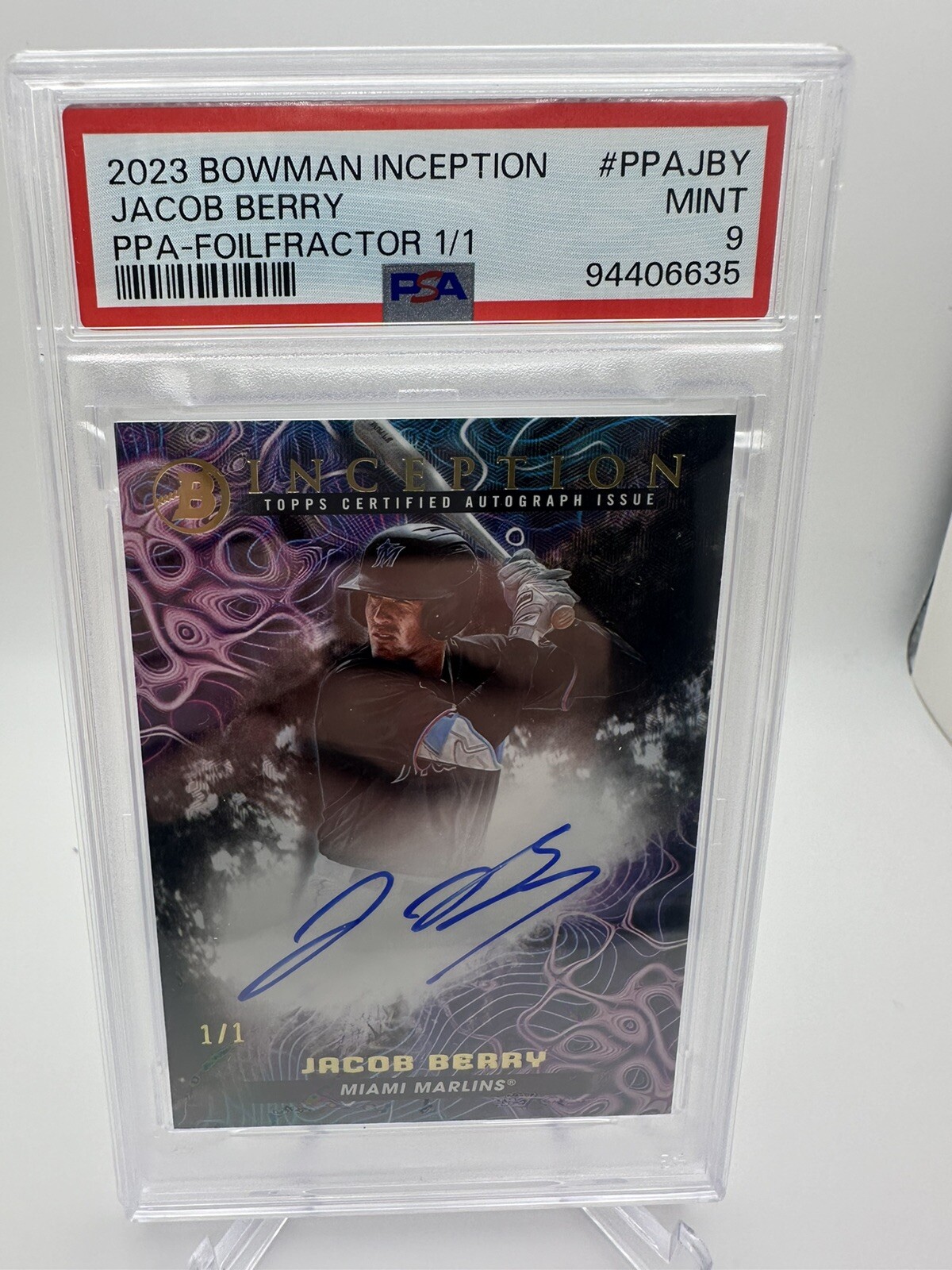 2023 Bowmnan Inception Jacob Berry Primordial Prospect Foilfractor Auto 1/1 PSA9 view 4