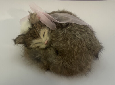 Realistic 5'' Cat Kitten Made of Rabbit Fur Brown White Toy Figurine