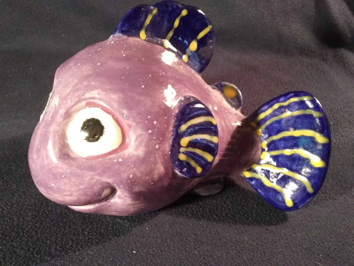 CERAMIC FISH PIGGY BANK, COLORFUL FINDING NEMO STYLE, PURPLE, YELLOW, BLUE,  7.