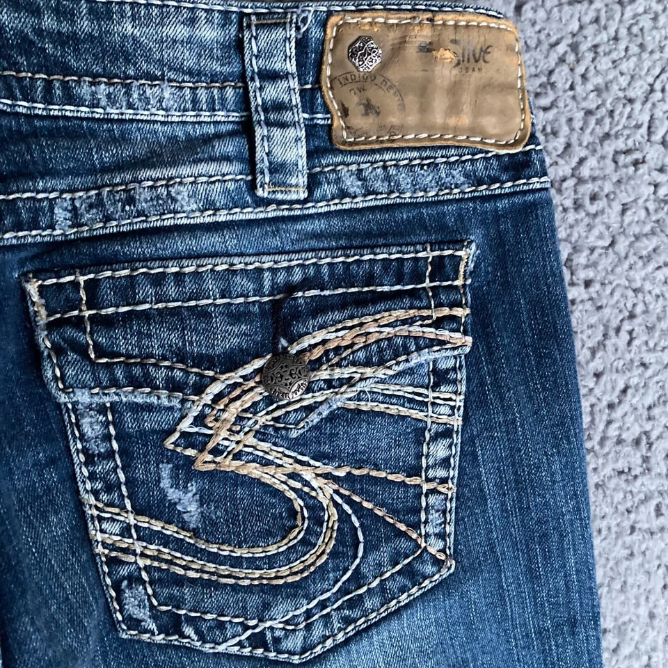 Pantalones de mezclilla plateados para mujer 30 Pioneer Bootcut bordado acampanado elástico 30x33 Foto 3 de 4