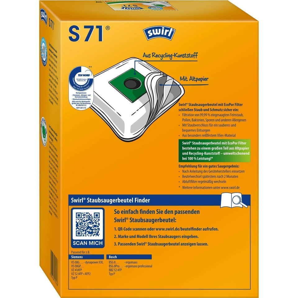 2 Pakete Swirl Staubsaugerbeutel S71 EcoPor Siemens Dynapower / Bosch Ergomaxx - Bild 3 von 3