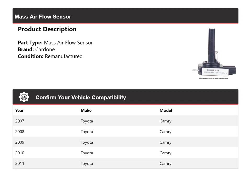 Sensor de flujo de aire masivo Cardone 2008 2009 2010 para Toyota Camry 2007-2011 Foto 2 de 4