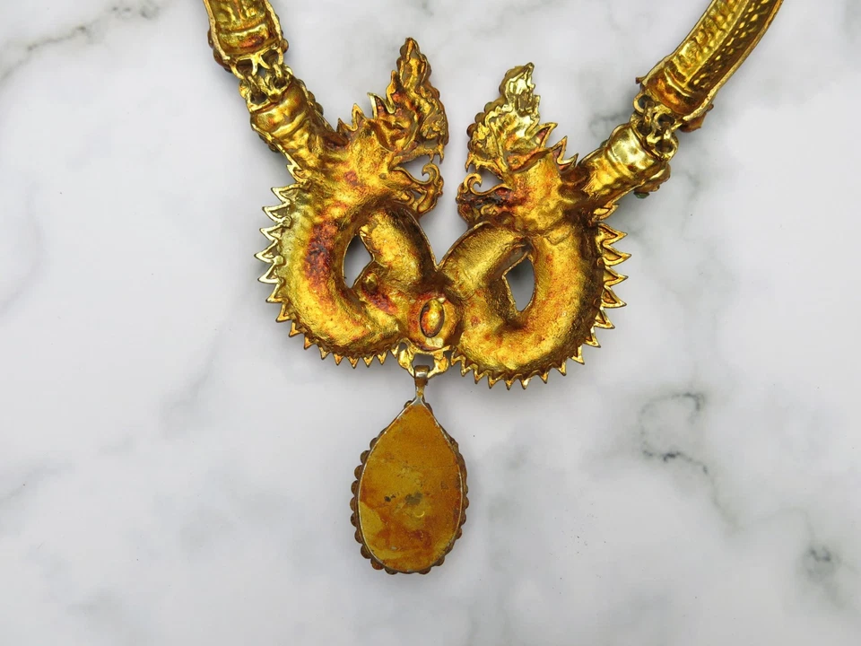 Dragon Necklace Purple Naga Crystal Pendant Multicolor Gemstones Thai Amulet VTG - Image 3 of 4