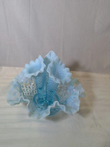 Vintage FENTON Art Glass Blue Opalescent Hobnail 3 Horn Epergne vase