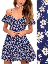 Lulus Catching Glances Navy Floral Print Off the Shoulder Skater Dress Sz Small