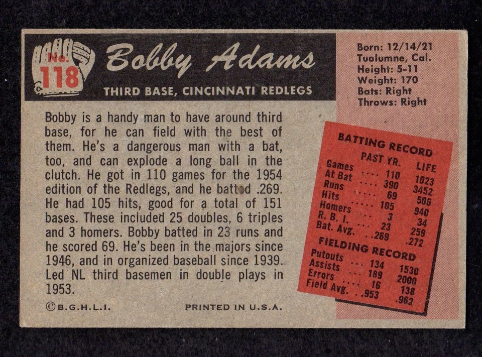 1955 Bowman #118 Bobby Adams Cincinnati Redlegs Baseball Card VG/EX - Image 2 of 2