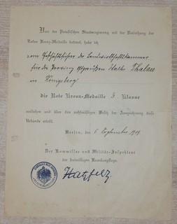 Urkunde Rot Kreuz Medaille 3. Kl. 1919 Ostpreußen Königsberg RKM