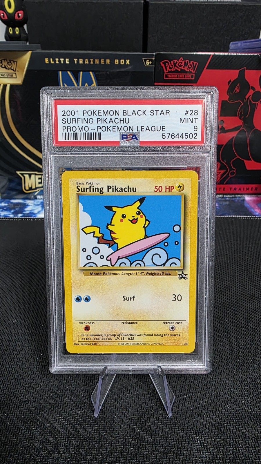 2001 POKEMON PROMO BLACK STAR POKEMON LEAGUE #28 SURFING PIKACHU PSA 9
