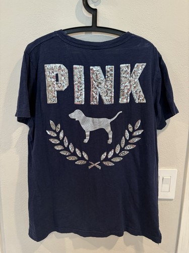 Victoria's Secret PINK Campus short-sleeve bling tee Navy Blue Size large EUC