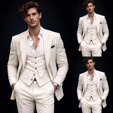 Striped Men's Suits Business Tuxedos White 3Pcs Slim Fit Peak Lapel Coat Jackets