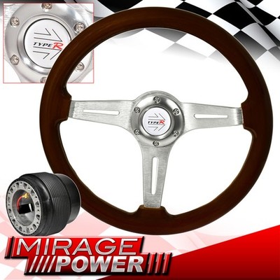 Adapter + Dark Wood Aluminum Center Deep Dish Steering Wheel For 89-05 Eclipse
