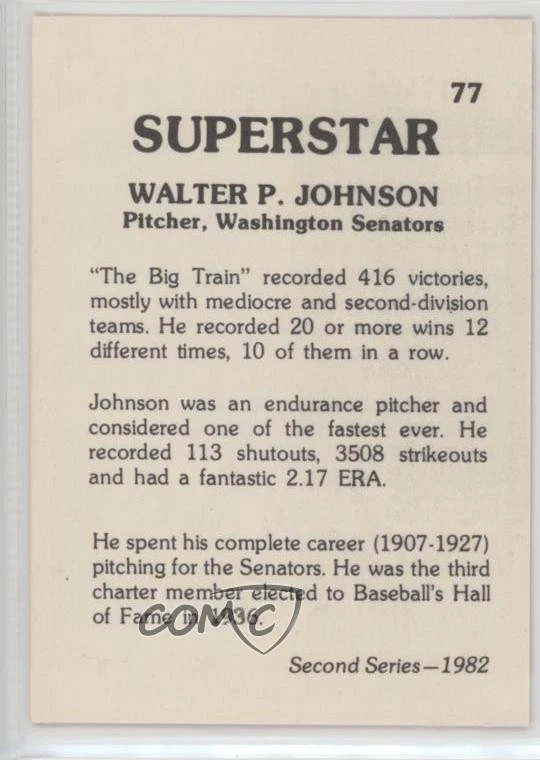 1982 TCMA Superstars Second Series Walter Johnson #77 HOF - Image 2 of 2