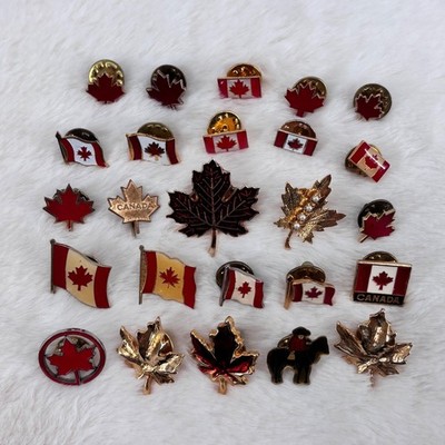 Canada Flag & Canadian Maple Leaf Lapel Pin Lot - Enamel & Gold Tone