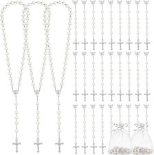 Set 12 x Catholic glass Rosary White Faux Pearl Prayer Wedding, Religious Favor