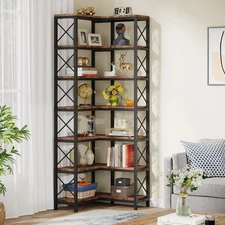 7-Tier Corner Bookshelf Bookcase, Industrial Large Corner Storage Display Rack