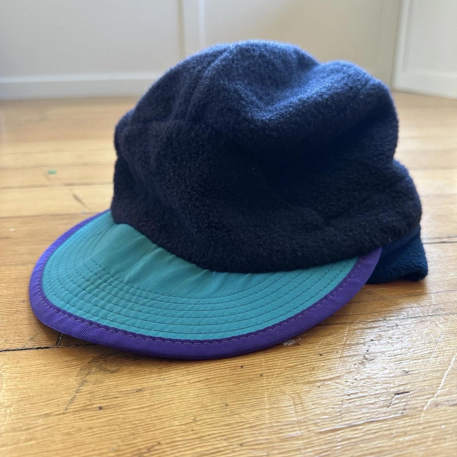 Vintage Patagonia Synchilla Duckbill Hat Fleece Ear Flap Navy Teal USA Made