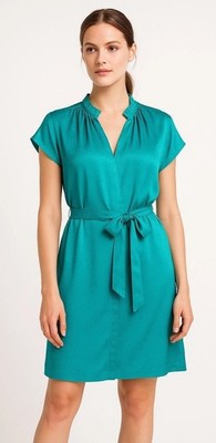 Current Air Dress Women Medium Teal Silky Belted V Neck Short Sleeve Mini Party