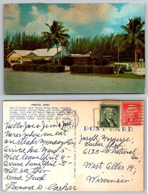 Vintage Tropical Acres Restaurant Postcard Dania Florida 1957 Posted