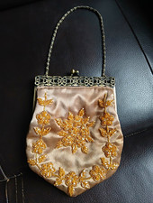 Vintage Gold Satin Beaded Floral Embroidered Metal Frame Evening Bag Purse